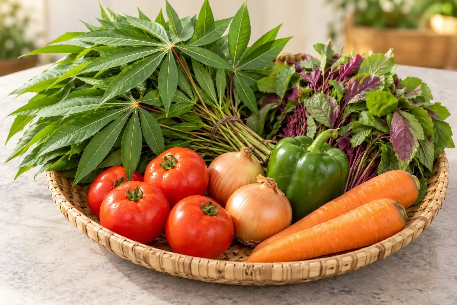 Illustration d'un panier de légumes frais : tomates, carottes, poivrons, feuilles