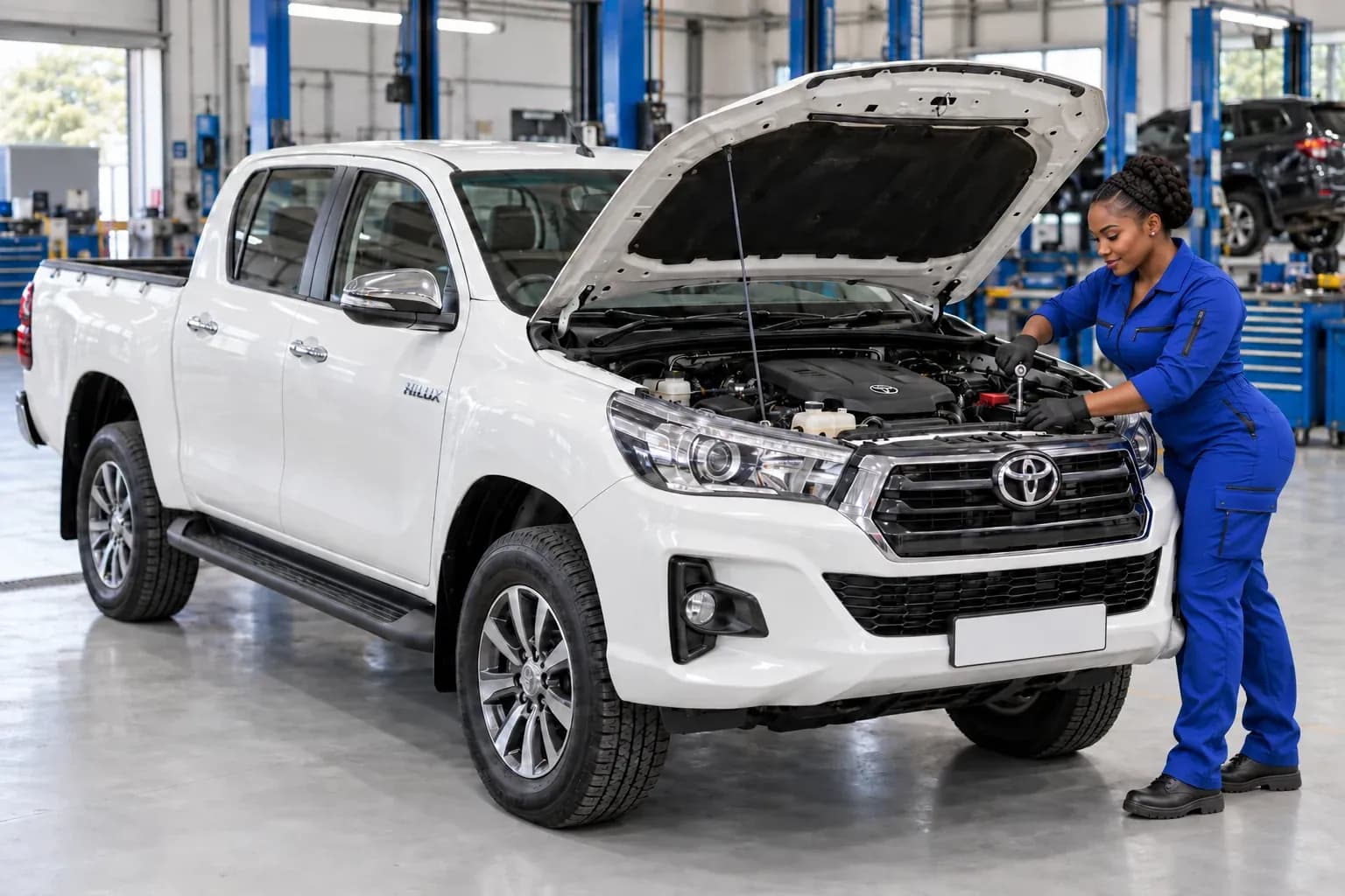 Illustration d'une mécanicienne en bleu de travail qui contrôle le moteur d'un pick-up Toyota Hilux blanc à l'atelier